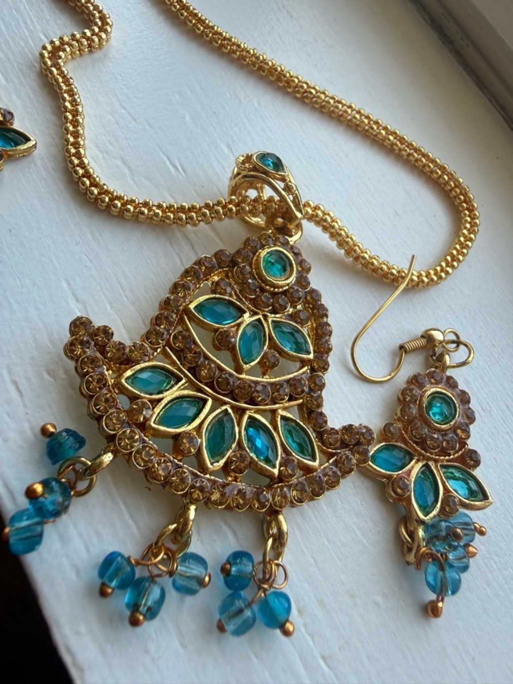 Gold-Tone Necklace & Earring Set with Teal Accents - never worn